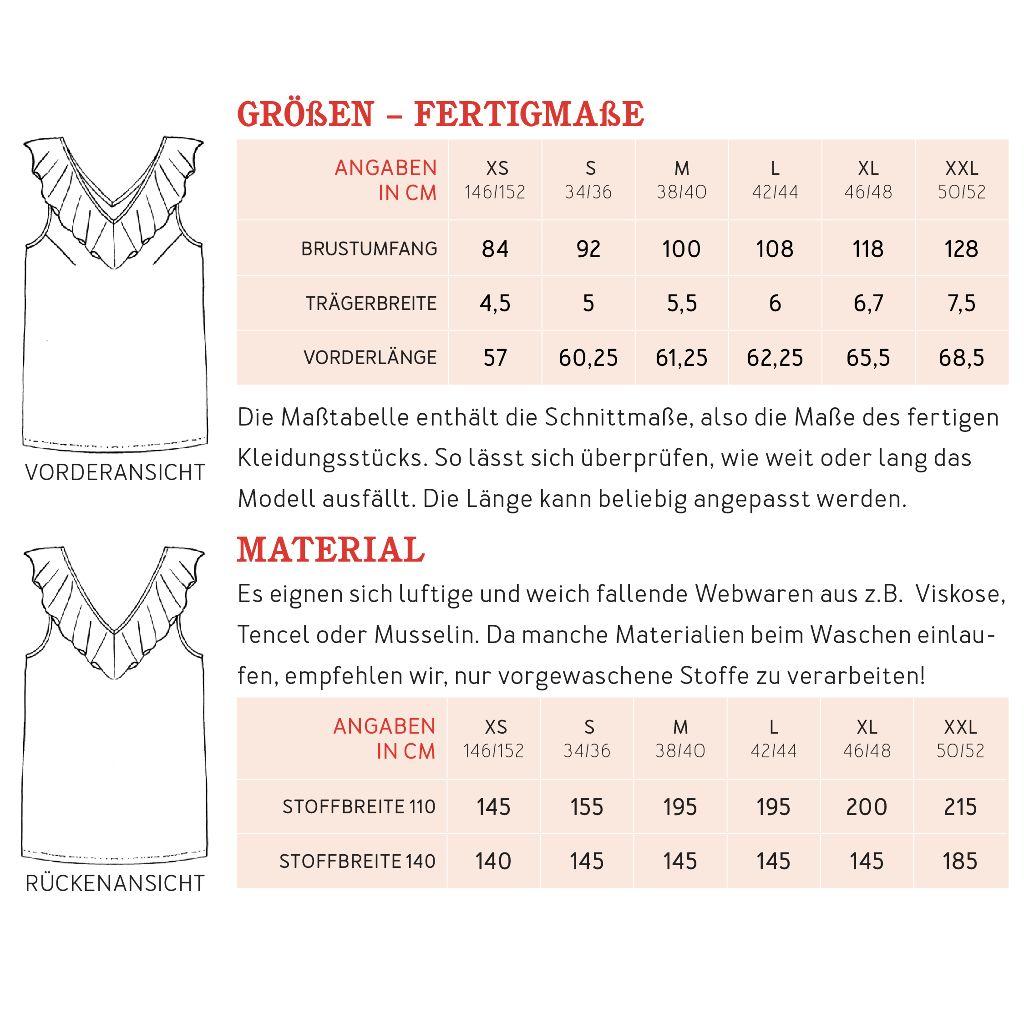 Papierschnittmuster Top mit V-Volant Frau Lydia XS-XXL